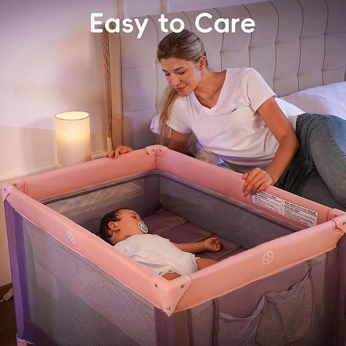 Pamo Babe Portable Playard with Mat Pad and Toy Bar Pink Play Yard for Baby