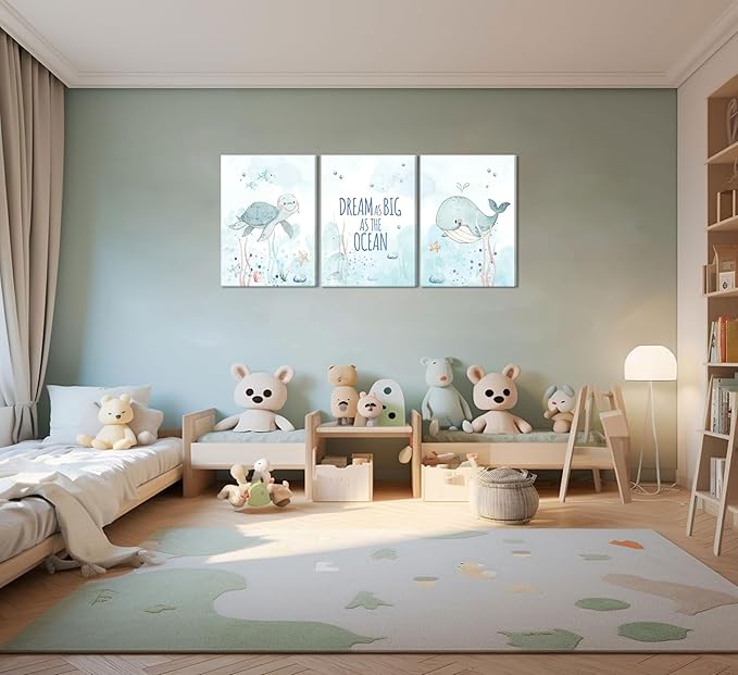 Ocean Nursery Canvas Wall Art Sea Turtle Whale Animal Painting Picture Wall Decor Sea Kids Room Poster Print Artwork for Baby Boys Girl Children's Room Bedroom Home Decoration