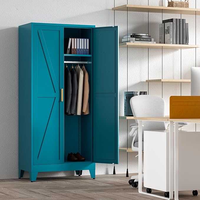 71'' Farmhouse Metal Wardrobe Cabinet with Hanging Rod, 2 Barn Door Wardrobe Closet with 5 Adjustable Shelves,Drawer,for Dining Room,Bedroom,Living Room, Cloak Room,Office (Peacock Blue)