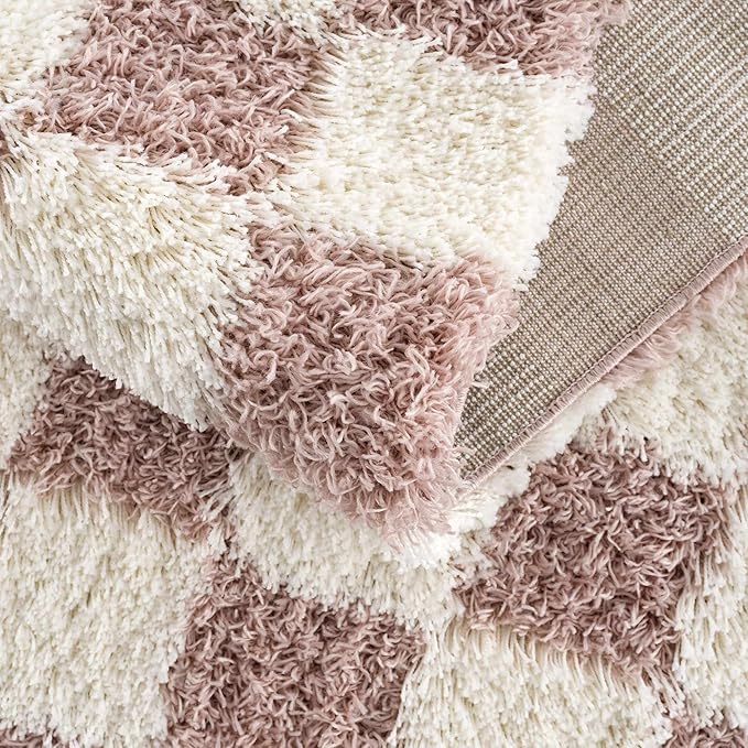 Hauteloom Atira Contemporary Checkered Fluffy Shag Area Rug - Modern Geometric Carpet Tiles for Living Room, Kids Room, Nursery - Plush Pile - Pink, Cream, White - 7'10" x 10'3"