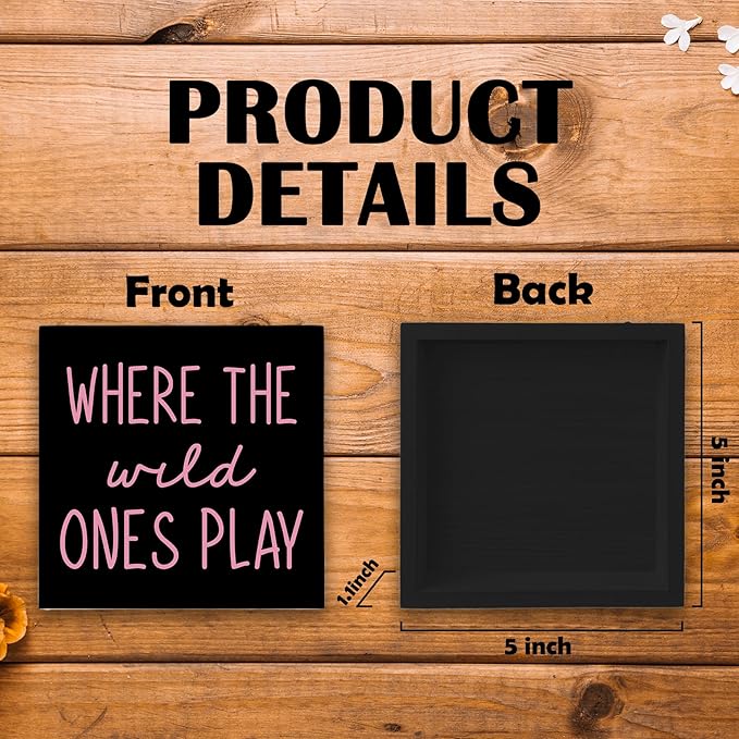 Where The Wild Ones Play Black Pink Wood Box Sign Desk Decor 5X5, Nursery Kids Room Wooden Block Sign Decorations for Playroom Toddler Room Wall Tabletop Shelf Decor