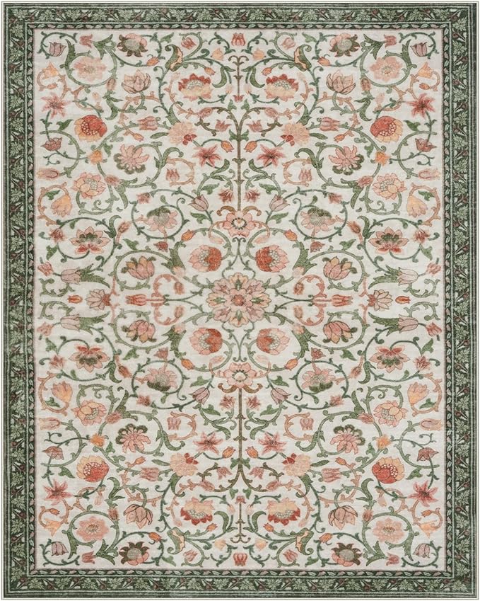 Anidaroel Floral Area Rug 8x10, Washable Large Living Room Rugs, Non Slip Soft Boho Bedroom Rug Under Bed, Vintage Dining Room Rugs Under Table for Nursery Farmhouse, Beige
