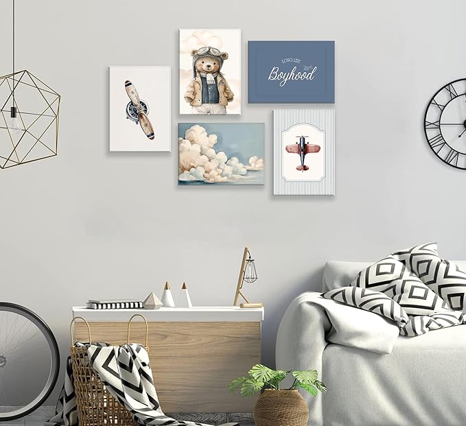 Vintage Baby Boy Nursery Wall Art Retro Airplane Travel Kids Room Canvas Wall Decor Teddy Bear Pictures Navy Blue Aviation Posters Cloudy Sky Painting Print Artwork for Boy Room Playroom, Framed