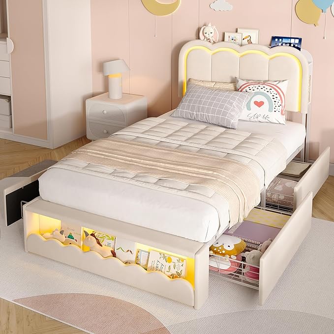 Maupvit Twin LED Bed Frame with Storage Headboard and 4 Drawers, Upholstered Platform Bed Frame with Bookcase, Velvet Princess Bed for Kids Girls, Charging Station, No Box Spring Needed, White