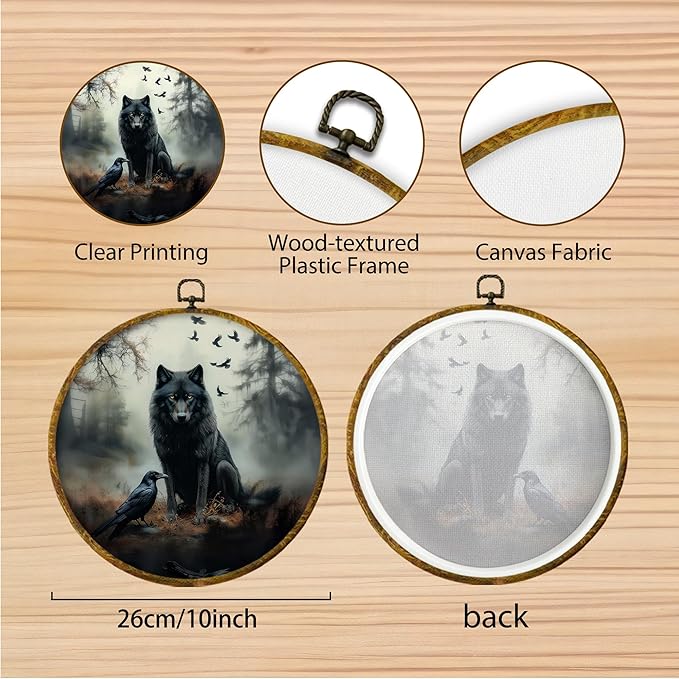 Hiuwevt Dark Academia Misty Black Wolf Raven Round Wall Art Decor, Mystical Gothic Framed Canvas Prints, Moody Wildlife Animal Round Wall Hanging Decor for Bedroom Home Decorations, 10x10 Inches