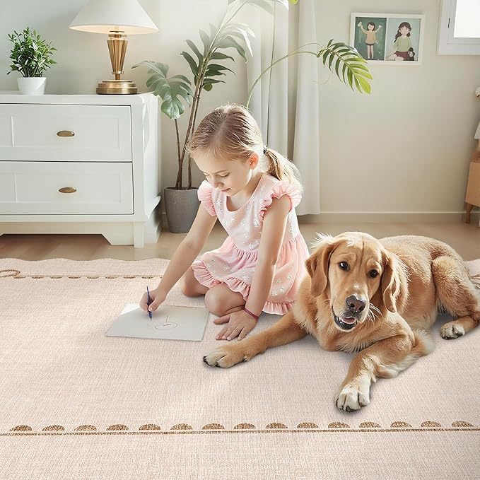 GarveeHome Scalloped Bow Rug for Living Room, Solid Beige Rug for Dorm, Washable Rugs 3x5 Soft Low Pile Non Slip Scalloped Rugs for Nursery Bedroom Decor Hallway Kids Room Playroom