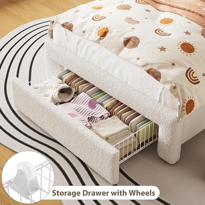 GarveeHome LED Twin Bed Frame with 2-Tier Storage Headboard, Upholstered Platform Bed with Charging Station and Drawer for Kids/Girls/Boys, Heavy Duty Metal Support, No Box Spring Needed, Beige