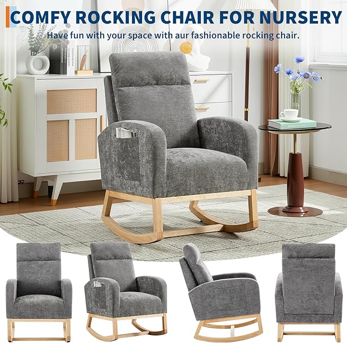 Rocking Chair Nursery, Modern Upholstered Glider Rocker with Side Pocket, Upholstered Lounge Chair with Solid Wood Base for Relaxin, for Living Room, Bedroom