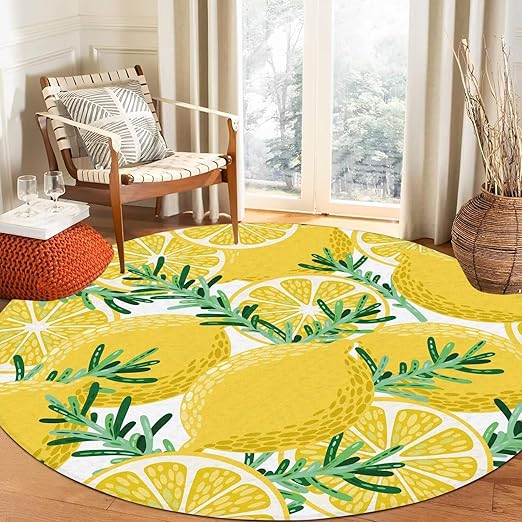Lemon Round Rug Yellow Circle Rugs for Bedroom Dorm Living Room Lemon Tree Area Rug Floor Mat Pad Doormat Carpet, 6'X6'(180x180cm)