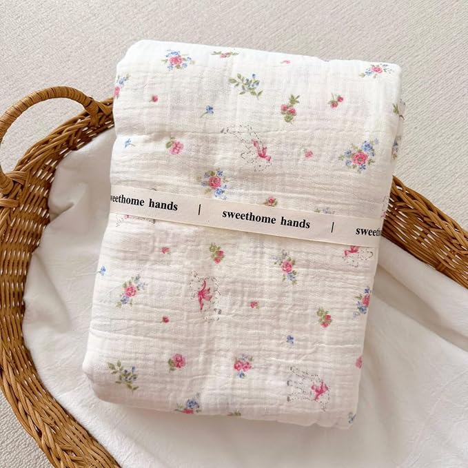 BuLuTu Muslin Cotton Baby Blanket, Cute Sheep Pink Floral Print, Large Crib Toddler Bed Blanket 47x51 Inch, Shabby Chic Style Nursery Blankets for Girls Boys, Soft Breathable