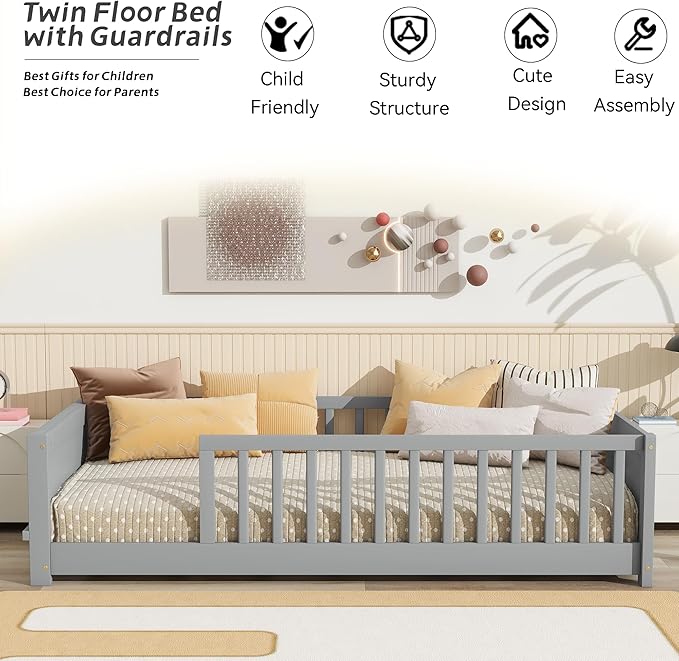 Twin Toddler Floor Bed with High Rails, Wooden Montessori Bed Frame with Built-in Book Rack, Twin Size Bed Frame for Kids, Boys and Girls, Grey
