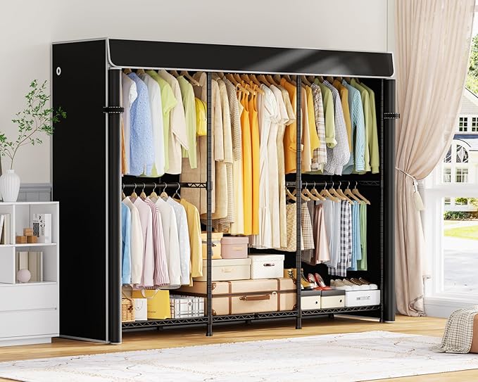 E14C Heavy Duty Closet Organizer System,Freestanding Clothing Racks for Hanging Clothes,Adjustable Garment Rack 70.1" W × 16.6" D × 76.4" H Hold 960 lbs,Black Rack with Black Dustproof Cover