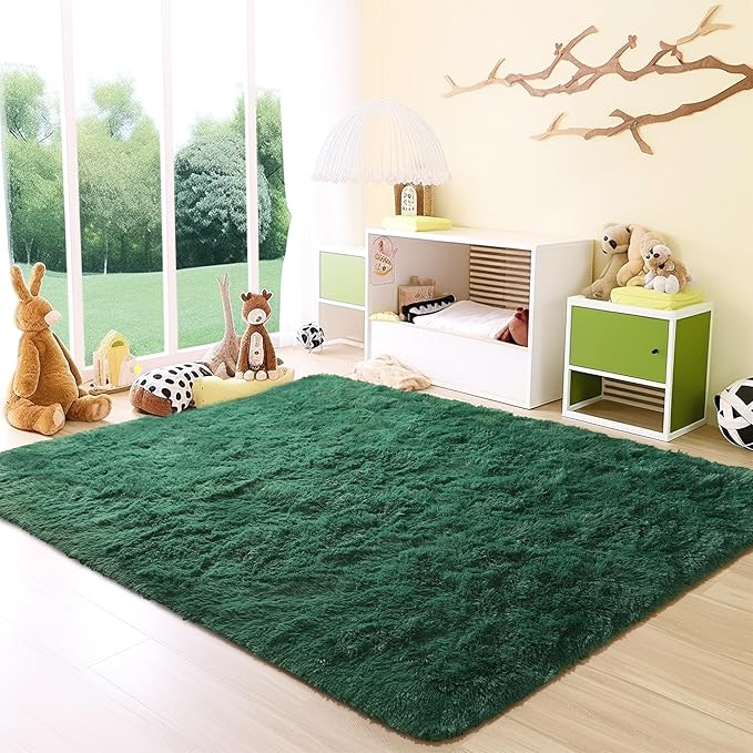 Fluffy Rug Flame Resistant 8x10 Feet, Forest Green Shaggy Rugs for Living Room Washable 8x10 Area Rugs Clearance