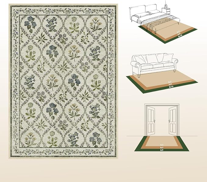 Floral Rugs for Girls, 5x7 Boho Washable Area Rug for Living Room, Cute Ultra-Thin Non Slip Indoor Decor Carpet for Nursery Kids Room Bedroom Playroom, Ivory Multi