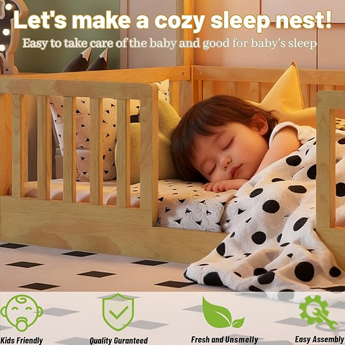 Full Size House Bed for Kids, Low Profile Full Montessori Bed with High Railings, Wood House Shape Montessori Beds with Light & Roof for Kids, Natural