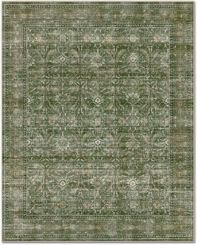 Washable 10x14 Area Rugs for Living Room, Boho Non-Slip Vintage Distress Large Rugs for Bedroom Dining Room Office, 0.3" Neutral Oriental Throw Thin Carpet, Grass Green/Multi