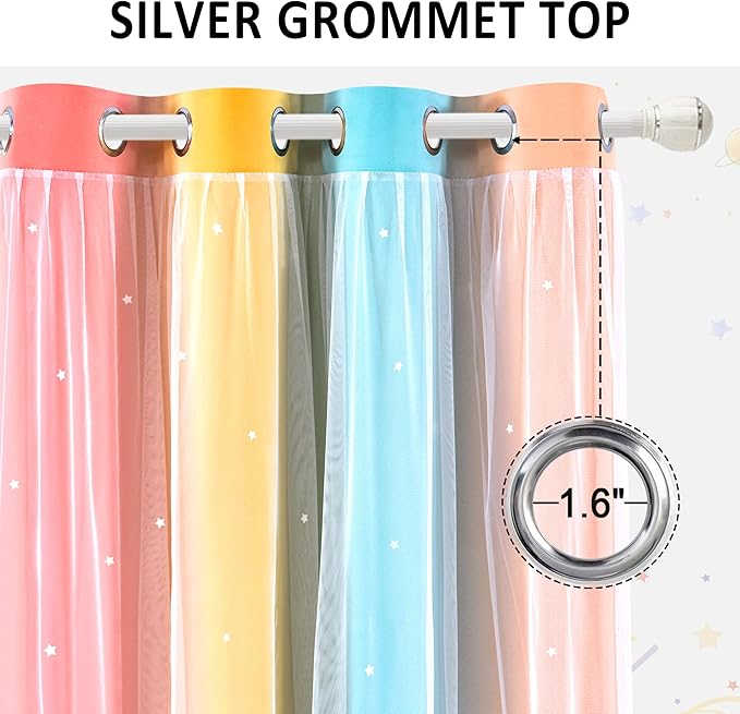Kinryb Nursery/Kids/Girls Room Star Cut Out Blackout Rainbow Curtain with Sheer Overlay 2 Panels, Each 52 inch Wide,72 inch Length with White Gauze,Ombre Stripe Rainbow Curtains (2 Panels,52x72 Inch)
