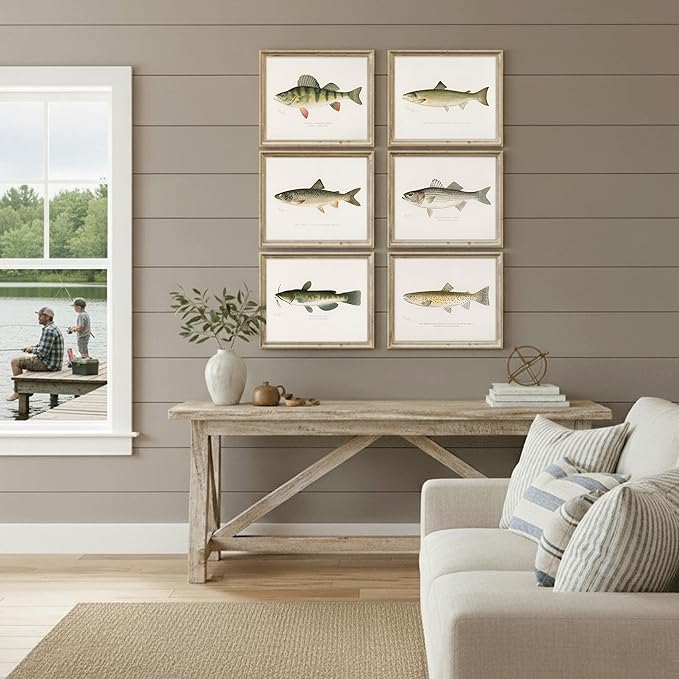 DREAM BIG PRINTABLES Fish Wall Art Prints (Set of 6) - Unframed - 11x14s | Vintage Fishing Decor - Midwest Fish Species - Great Gift for Fisherman