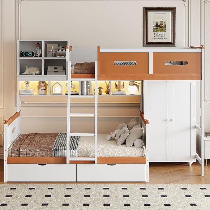 Twin Over Full Bunk Bed with Wardrobe and Drawers, Wooden Bunk Bed with Shelves and Cabinet for Kids Teens Adult Bedroom, Space Saving Design