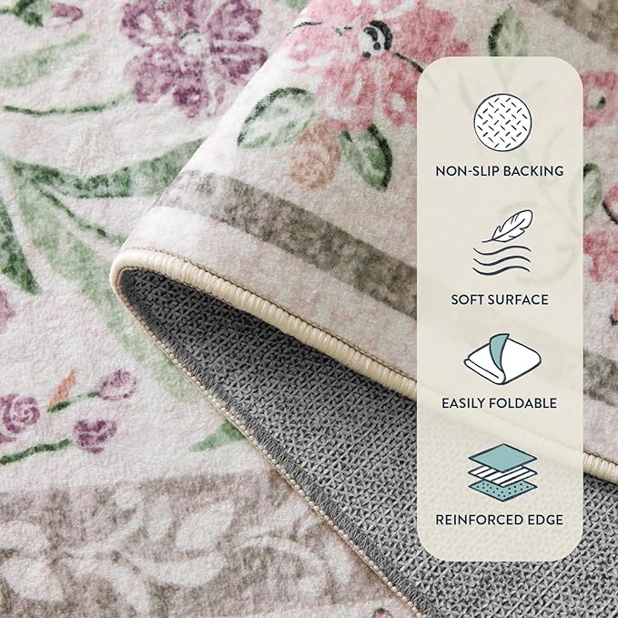 Lahome Boho Purple Floral 5x7 Area Rugs, Washable Rugs for Bedroom Nursery Decor, Soft Non-Slip Lavender Carpet for Kids Room Girls Playroom Living Room, Pale Lilac/Pink