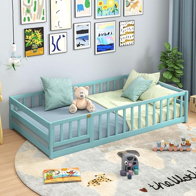 Giantex Twin Floor Bed with Door & Fence, Kids Wood Montessori Beds with Safety Guardrails, Floor Bed Twin for Kids, Boys, Girls, No Box Spring Needed, ICY Aqua