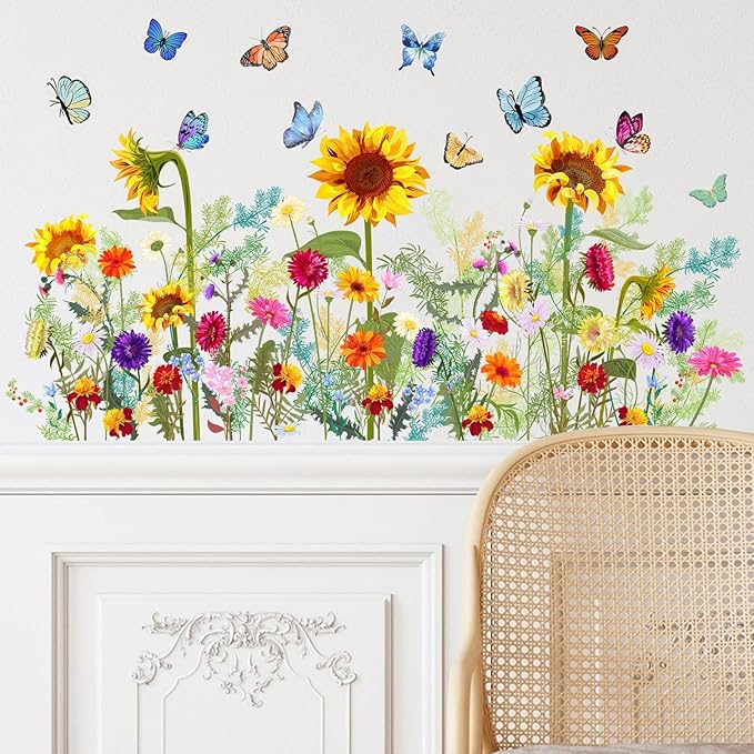 Flowers Vine Wall Stickers Sunflowers Daisy Wall Decals for Living Room, Butterfly Decor Posters Colorful Floral Wall Stickers Chrysanthemum Murals Decorations for Bedroom Office