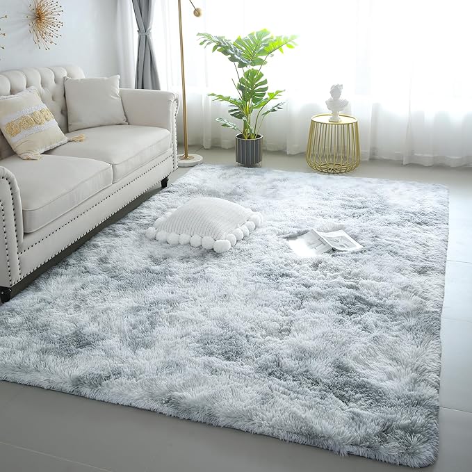 5x8 Light Grey Fluffy Shag Area Rug for Bedroom, Soft Plush Fuzzy Washable Non Slip Carpet for Living Room, Modern Cozy Furry Shaggy Large Rug for Kids Baby Boys Nursery Dorm, Tie-Dye Gray