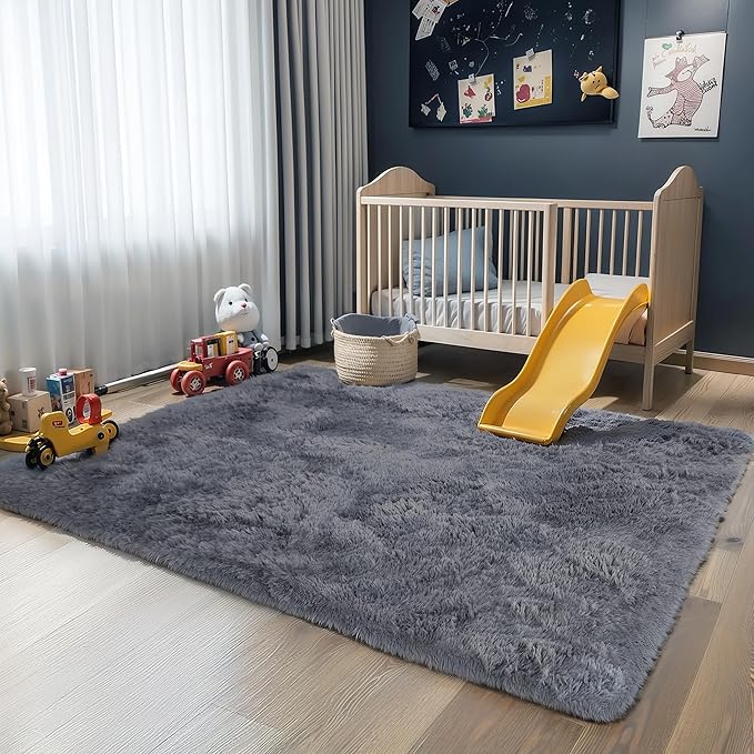 3x5 Grey Fluffy Shag Rug for Bedroom Soft Plush Fuzzy Washable Non Slip Carpet, Modern Floor Cozy Furry Shaggy Small Area Rug for Living Room, Kids Baby Boys Girls Nursery Dorm Room