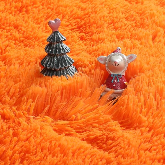 Amdrebio Orange Round Circle Rug 4Ft for Bedroom Living Room, Fluffy Fuzzy Area Rugs for Kids Room Decor Aesthetic, Cute Furry Plush Shag Carpet for Toddler Teen Girls Boys Baby Nursery Dorm Playroom
