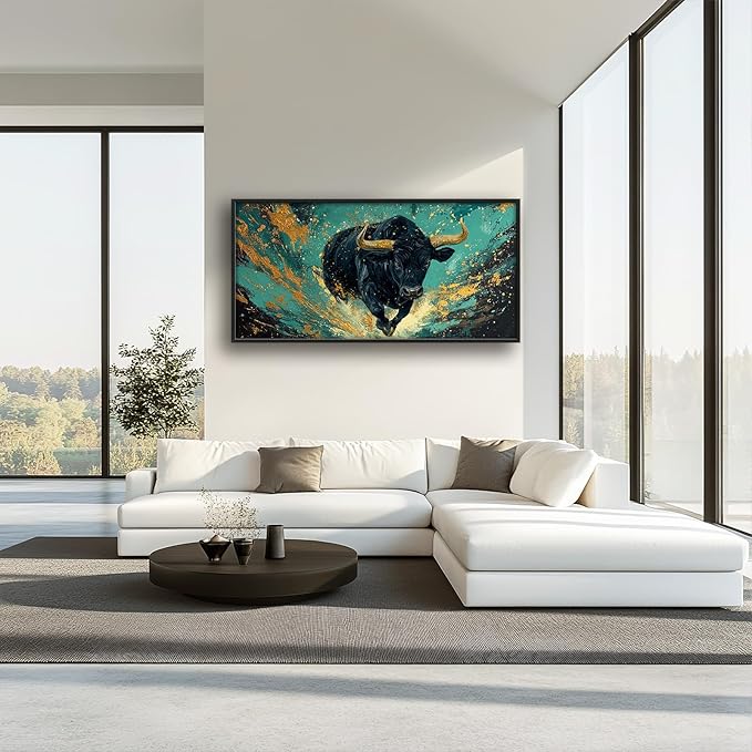 Large Highland Cow Wall Art for Living Room, Framed Oversized Bison Buffalo Wall Decor, Teal and Gold Canvas Painting Modern Artwork for Living Room Bedroom Office Dining Room 60"x30"