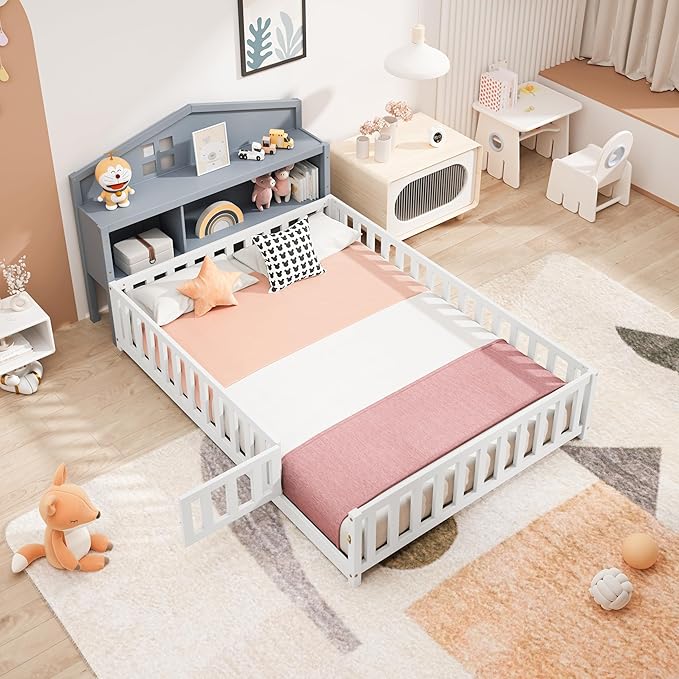 Headboard Storage Cabinet for Full-Size Montessori Floor Bed, Grey,Freely Collocation