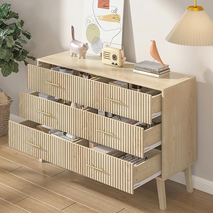 Accent 6 Drawer Dresser, Modern Closet Dressers Chest of Drawers with Fluted Panel, Living Room Bedroom Nursery Entryway and Hallway (Oak)