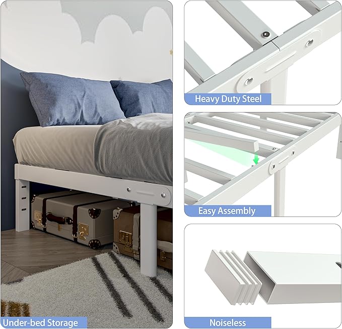 White Twin Size Bed Frames 14 Inch, Metal Platform Twin Bed Frame No Box Spring Needed, Heavy Duty Steel Support 3500 LBS, DIY Headboard, Round Legs, Noiseless, Storage Space, Easy Assembly