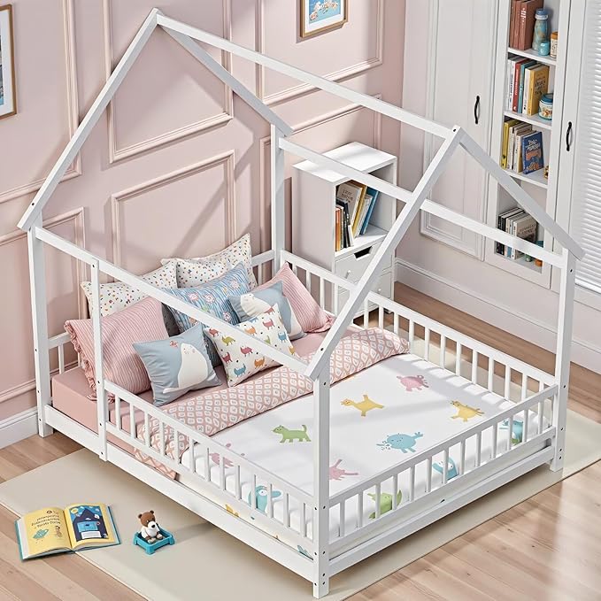 LLS Queen Size Montessori Floor Bed Frame with Slats and Fence, Wooden House Bed for Boys Girls Bedroom, White