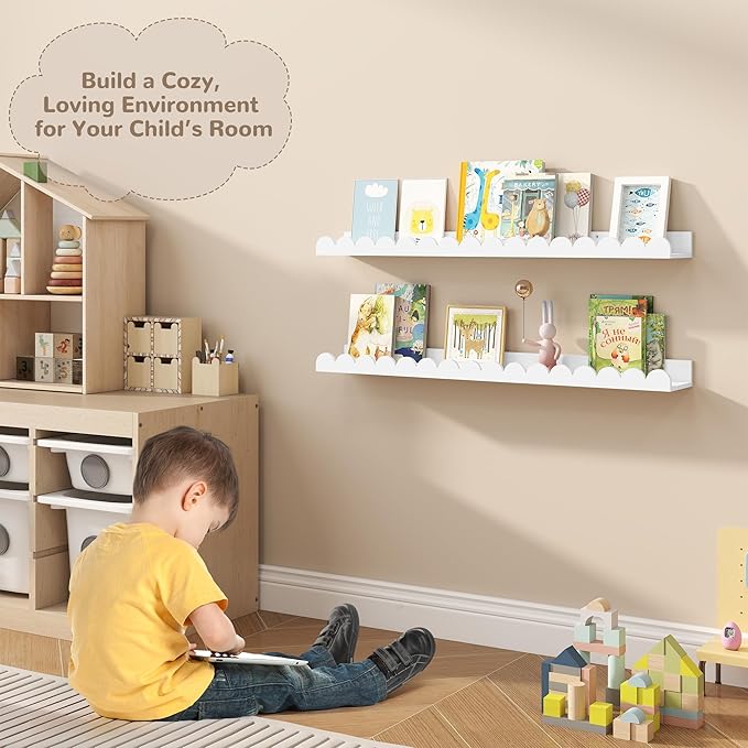 Fun Memories 32 Inch White Floating Shelf, Scalloped Picture Ledge for Nursery, Set of 2, Wall Mounted Book Shelves for Kids Room, Toddler Room
