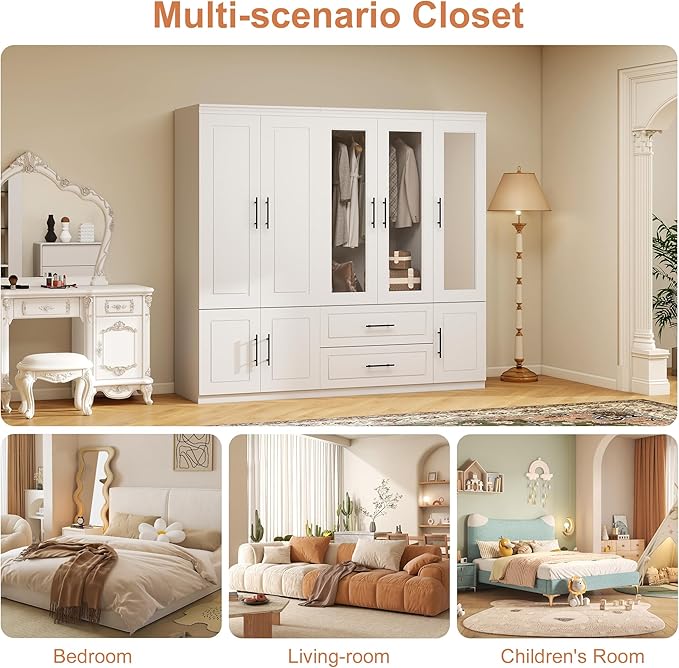 5 Door Armoire Wardrobe Closet with Mirror: Wood Wardrobe Closet Combination Bedroom Armoire 2 Drawer with Hanging Rods Glass Door for Home/Bedroom/Living Room White