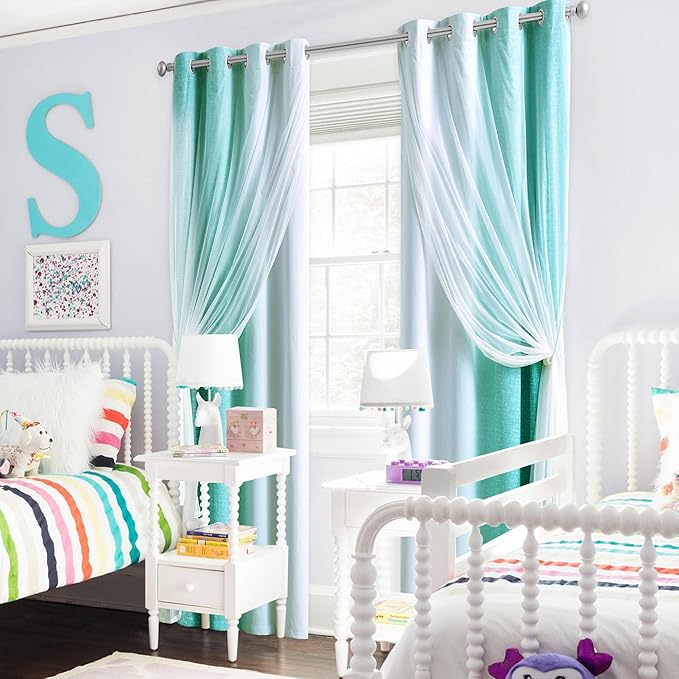 100% Blackout Curtains with Sheer Overlay Mix and Match Double Layer Drapes 90 Inch Long 2 Panels for Bedroom Living Room Teal White Ombre Grommet Window Treatment with Tiebacks