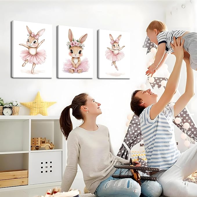 Baby Girl Nursery Wall Decor, Easter Nursery Canvas Wall Art Paintings Set of 3, Cute Animal Pink Bunny Posters Prints Pictures for Boys and Girls Room, Bedroom, Home Decor 16x24 In Framed