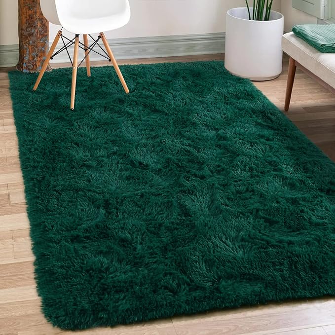 Merelax Soft Modern Indoor Shaggy Area Rug for Bedroom Livingroom Dorm Kids Room Home Decorative, Non-Slip Plush Fluffy Furry Fur Rugs Comfy Nursery Accent Floor Carpet 3x5 Feet, Deep Green