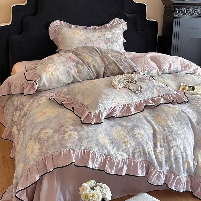 HighBuy Linen Duvet Cover Full Size,Farmhouse Purple Floral Bedding Comforter Cover with 2 Ruffle Lace Pillowcases,Chic Cottagecore Natural French Yarn-Dyed Cotton with Zipper Closure,Full