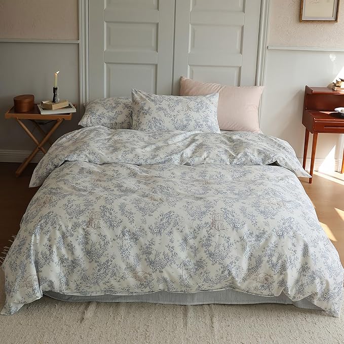 HighBuy Garden Floral Duvet Cover Queen Size Soft Cotton Flower Bedding Set Queen Vintage Boho Flower Comforter Cover Botanical Floral Duvet Cover for Kids Girls with 2 Pillowcases Queen Bedding Set