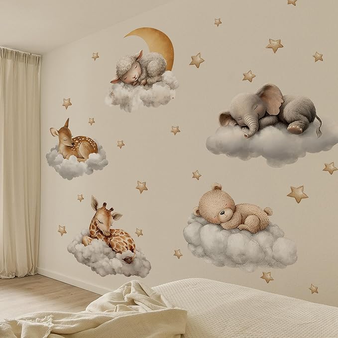Sleeping Animals Wall Decals,Dreamy Clouds & Star Theme Art Wall Sticker Decors,Peel and Stick Elephants, Bears, Deer Decals for Kids Bedroom Nursery Playroom Library Living Room and Bedroom Decor