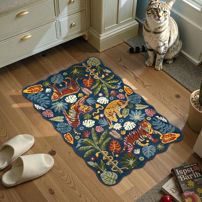 LEEVAN Washable Tiger Rug 2x3 Bathroom Rugs Non Slip Scalloped Blue Entryway Mat Leopard Front Door Mat Low Pile Rug Pad for Porch Soft Jungle Laundry Mat