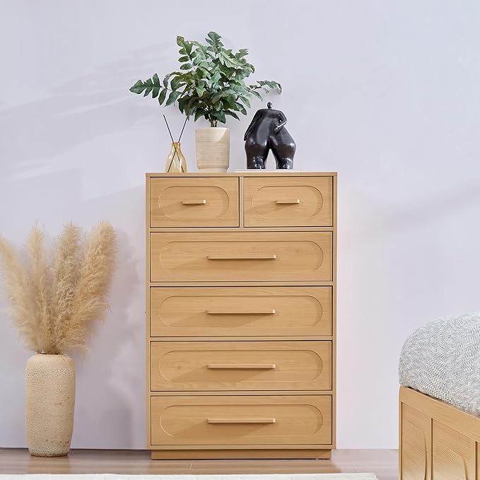 6 Drawers Dresser for Bedroom, 44" Tall Mid Century Modern Chest of Drawers with Solid Wood Handle, Large Wood Storage Dresser Organizer for Bedroom, Living Room, Natural Oak