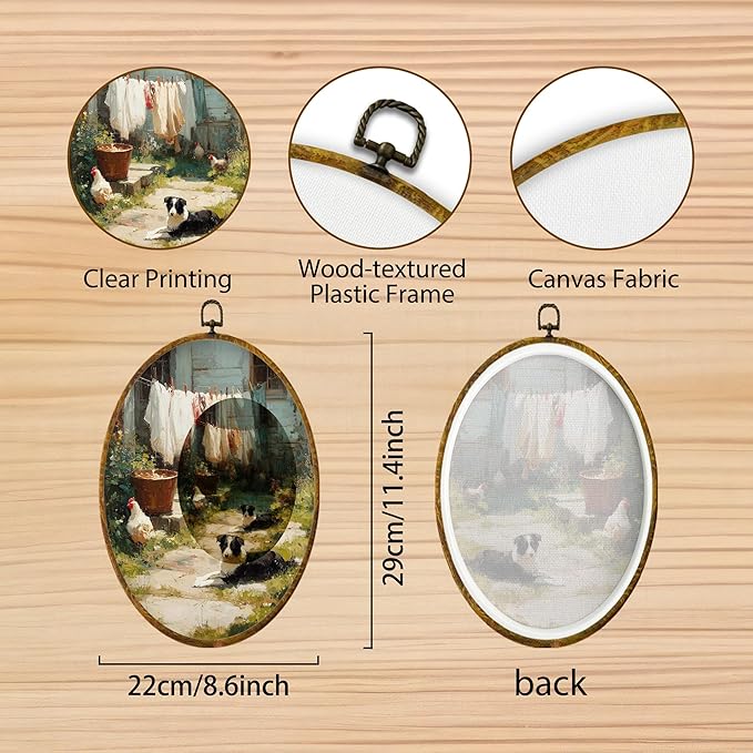 Hiuwevt Rustic Farmhouse Laundry Day Oval Wall Art Decor, Retro Country Dog Chicken Framed Canvas Prints, Farmhouse Oval Wall Hanging Decor for Home Laundry Room Bathroom Decorations, 8.6x11.4 Inches