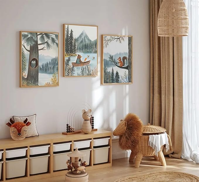 3Pcs Woodland Animal Nursery Canvas Wall Art Cute Watercolor Forest Wild Animals Bear Owl Squirrel Painting Picture Wall Decor Poster Print Artwork for Boy Girl Kids Bedroom Home Decoration Unframed