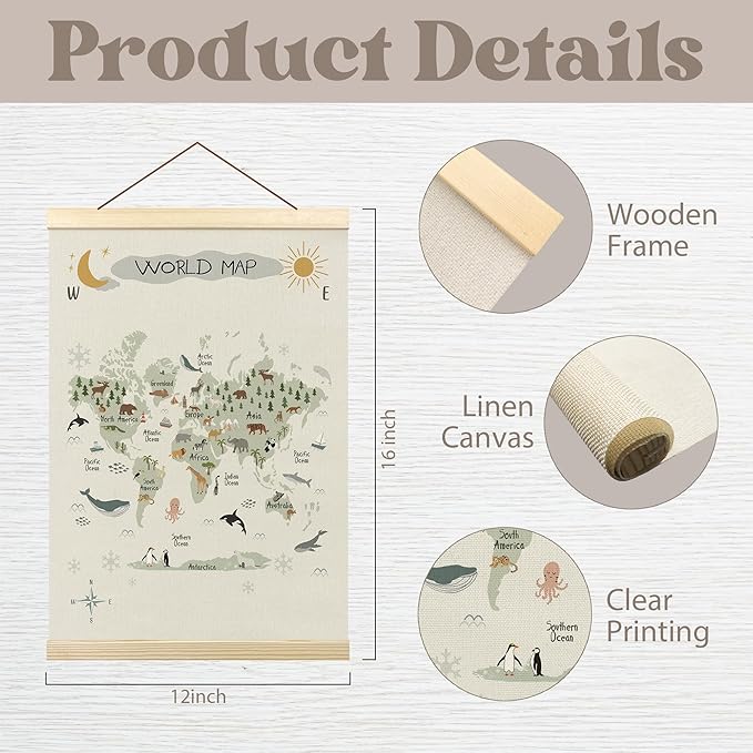 Tzhim Animal World Map Poster Hanger Frame, World Map for Kids, Educational Wall Hanging Decor for Nursey Playroom Classroom Home school Kids Room, Nature Wall Art Prints with Wood Frames, 12x16in