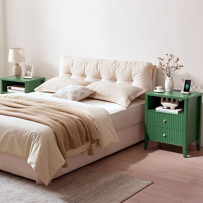 Fluted Nightstand with Charging Station, 21" Wide Modern Bedside Table with 2 Drawers & Open Shelf, Wood End Table with Storage & Metal Handle for Bedroom, Small Spaces, Green