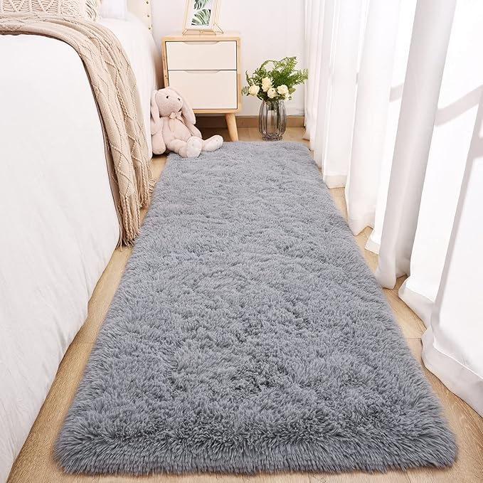 Merelax Soft Area Rug Fluffy Rugs for Living Room Bedroom Decor, 2x6 Runner Rugs for Hallway, Shag Furry Bedside Rug Indoor Accent Floor Carpet, Non-Slip Plush Rug for Nursery Kids Room Dorm, Grey