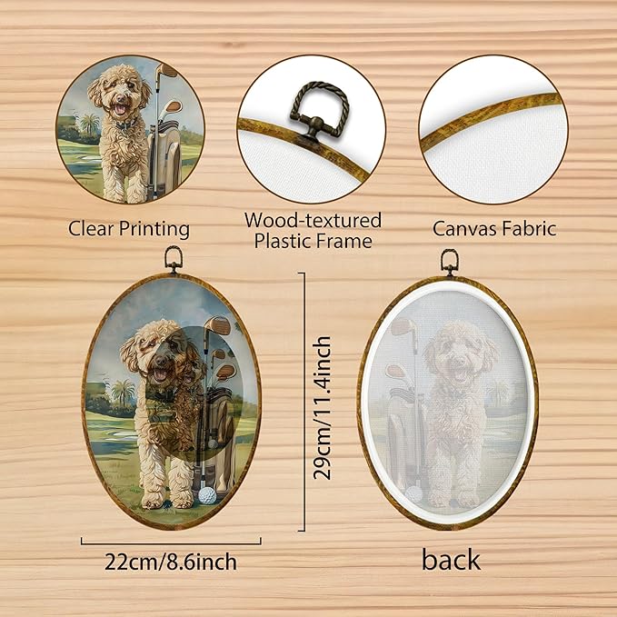Hiuwevt Goldendoodle Golf Oval Wall Art Decor, Goldendoodle Gifts for Women Framed Canvas Prints, Rustic Golfing Dog Oval Wall Hanging Decor for Home Gym Sport Room Decorations, 8.6x11.4 Inches